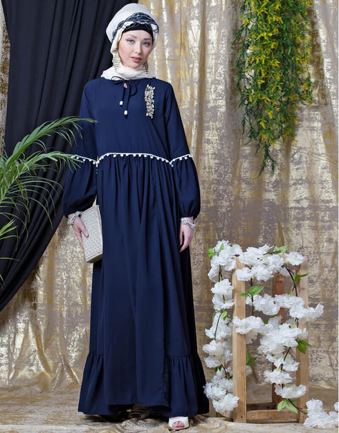 Modest Balloon Sleeve Pom Pom Lace Bohemian Abaya Navy Blue